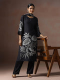 Women Muslin Black Floral Print Kurta Comfort Pant Dupatta.