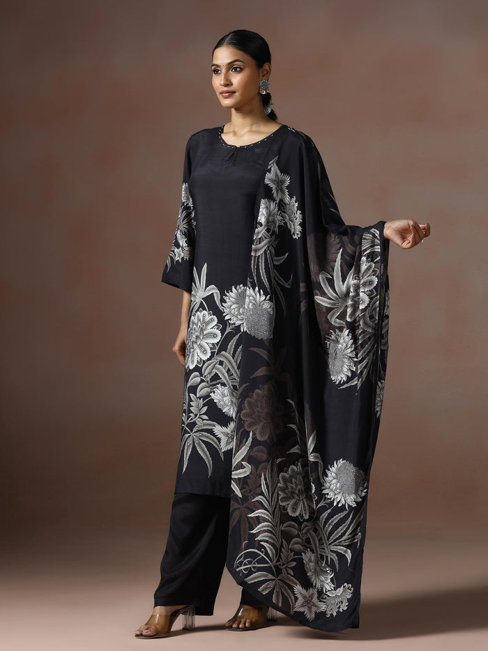 Women Muslin Black Floral Print Kurta Comfort Pant Dupatta.