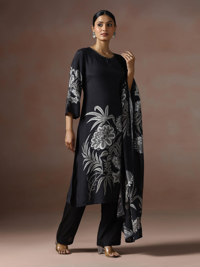 Women Muslin Black Floral Print Kurta Comfort Pant Dupatta.