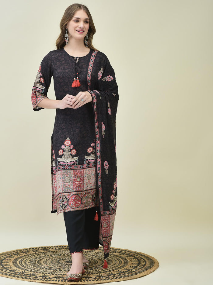 Women Muslin Black Ornamental Print Kurta Comfort Pant Dupatta.