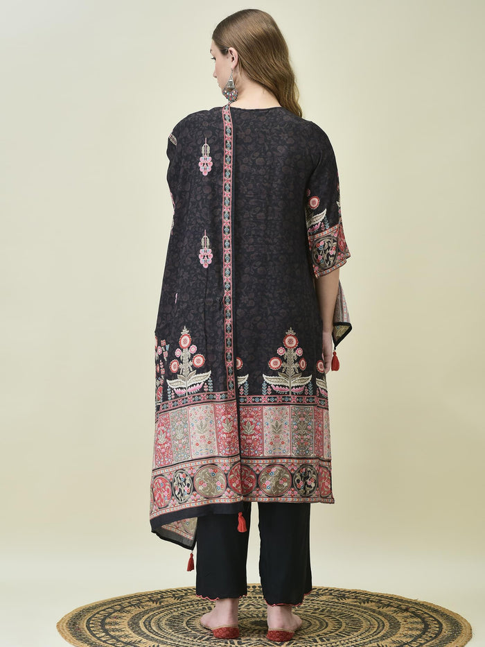 Women Muslin Black Ornamental Print Kurta Comfort Pant Dupatta.