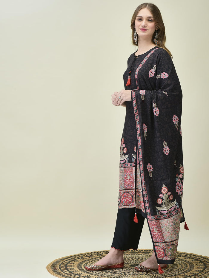 Women Muslin Black Ornamental Print Kurta Comfort Pant Dupatta.