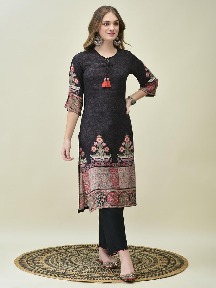 Women Muslin Black Ornamental Print Kurta Comfort Pant Dupatta.