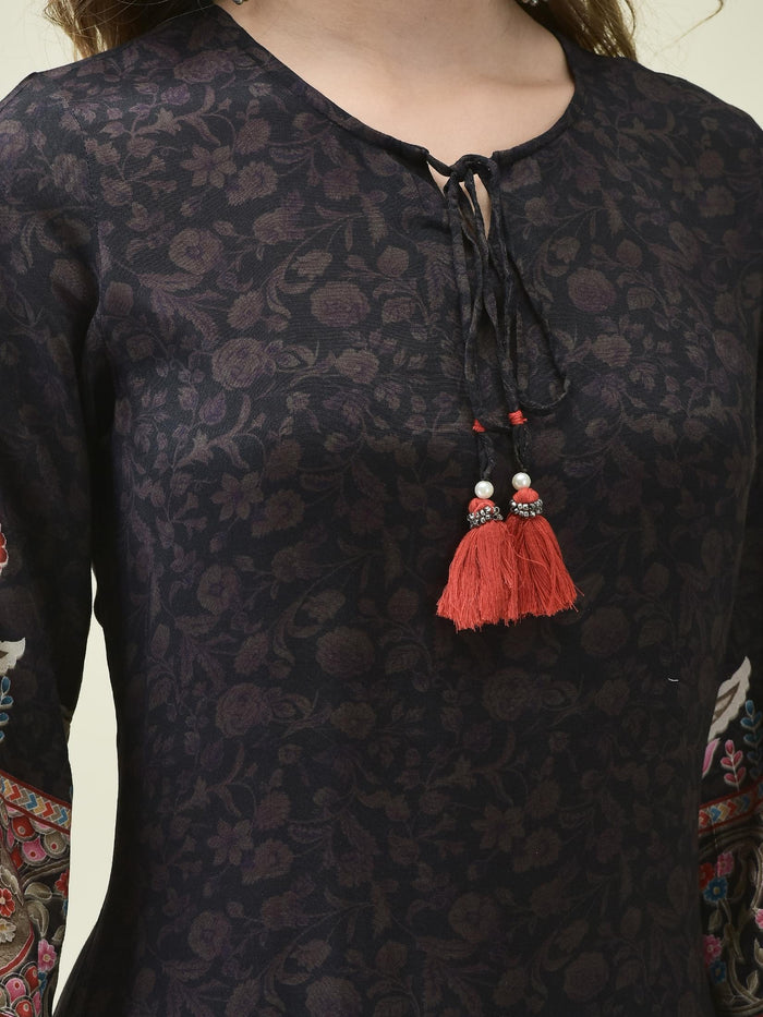 Women Muslin Black Ornamental Print Kurta Comfort Pant Dupatta.