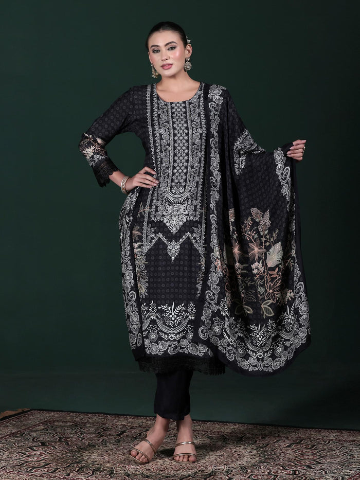 Women Muslin Black Printed Kurta Comfort Pant Dupatta.