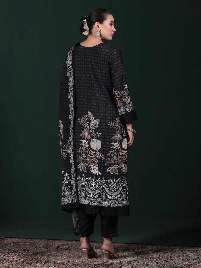 Women Muslin Black Printed Kurta Comfort Pant Dupatta.