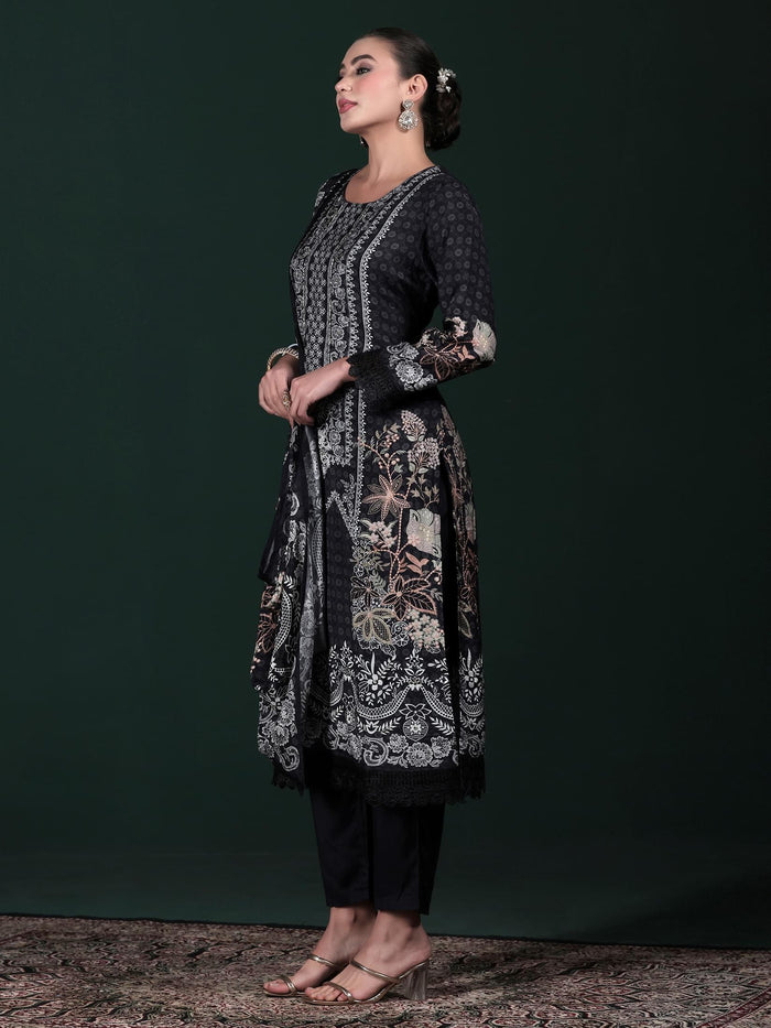Women Muslin Black Printed Kurta Comfort Pant Dupatta.