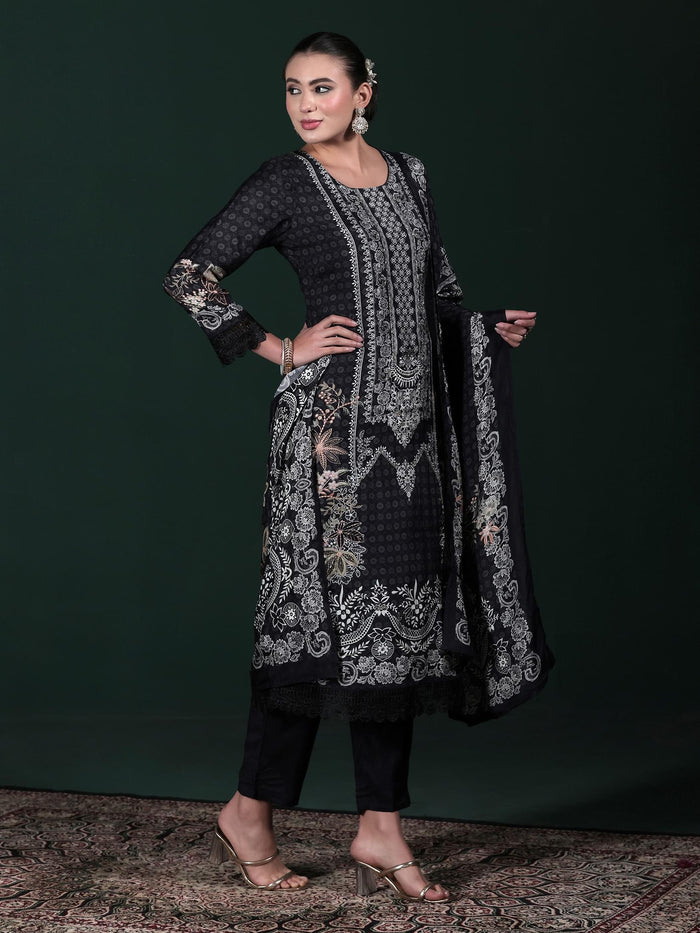 Women Muslin Black Printed Kurta Comfort Pant Dupatta.