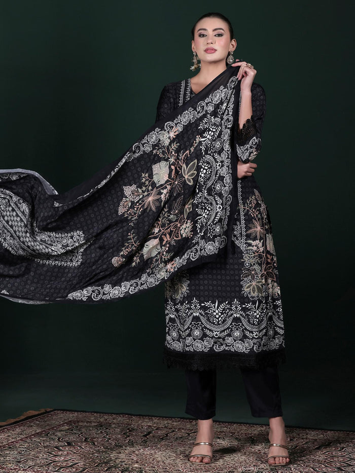 Women Muslin Black Printed Kurta Comfort Pant Dupatta.