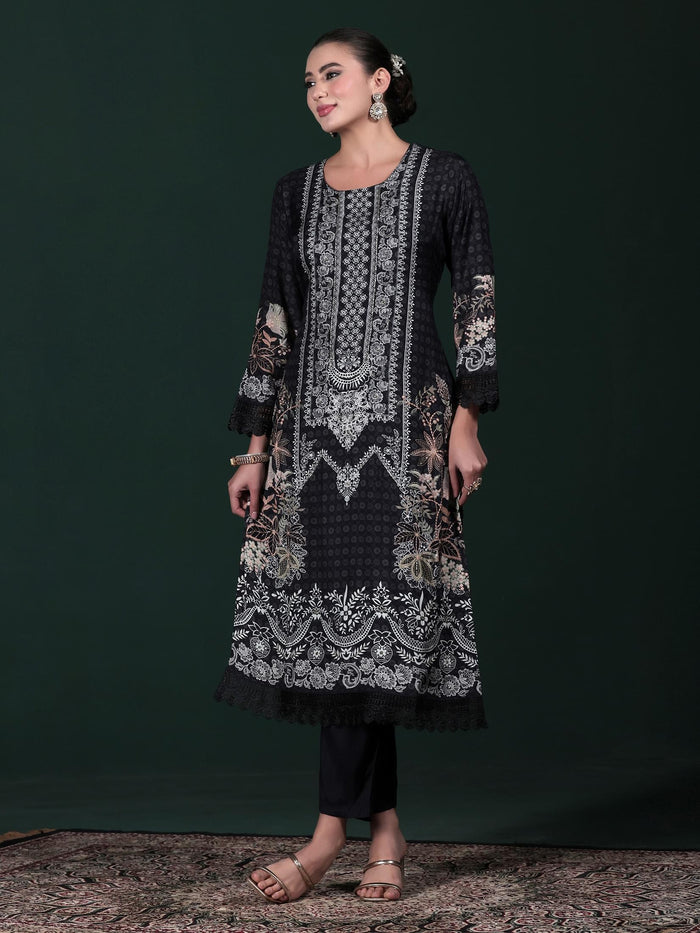 Women Muslin Black Printed Kurta Comfort Pant Dupatta.