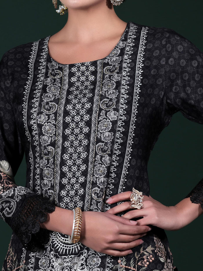 Women Muslin Black Printed Kurta Comfort Pant Dupatta.