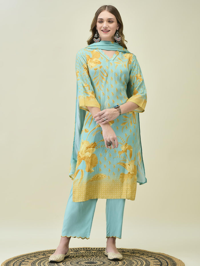 Women Muslin Blue Floral Print Kurta Comfort Pant Dupatta.