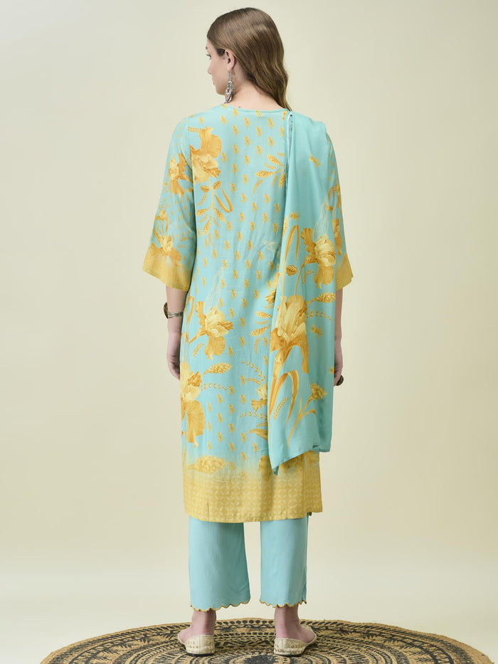 Women Muslin Blue Floral Print Kurta Comfort Pant Dupatta.