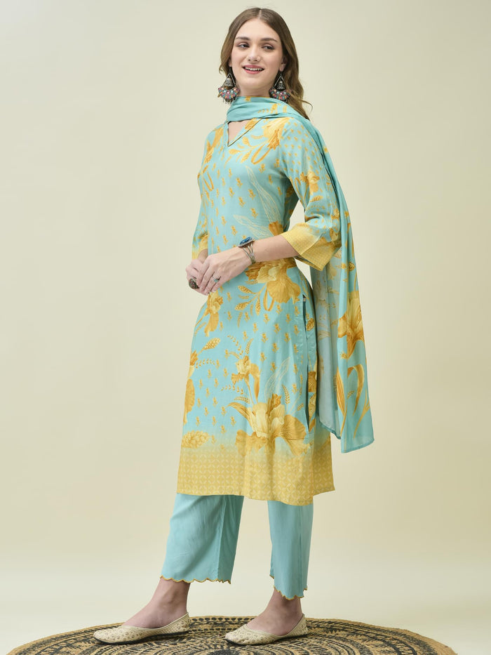 Women Muslin Blue Floral Print Kurta Comfort Pant Dupatta.
