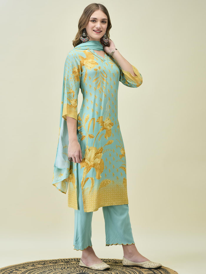 Women Muslin Blue Floral Print Kurta Comfort Pant Dupatta.
