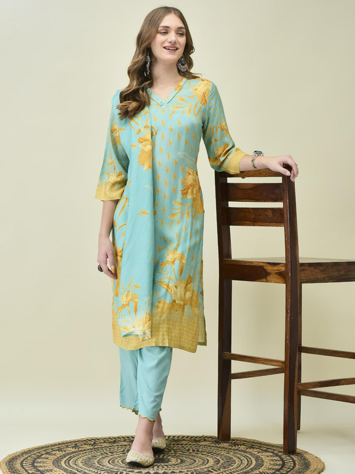 Women Muslin Blue Floral Print Kurta Comfort Pant Dupatta.