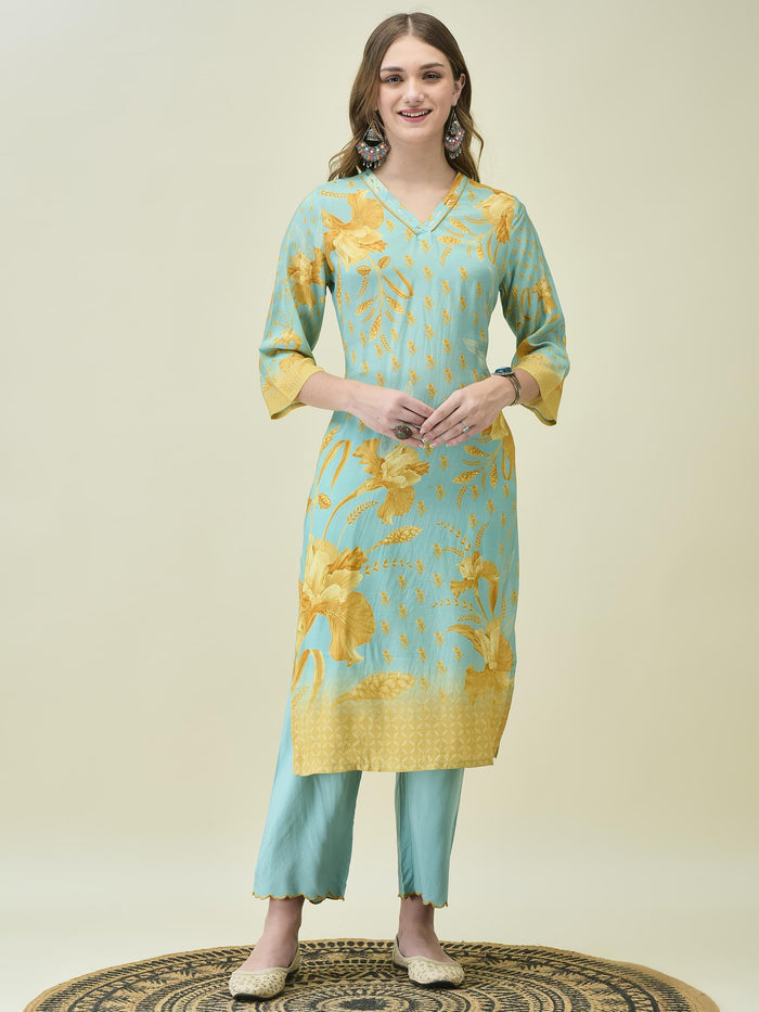 Women Muslin Blue Floral Print Kurta Comfort Pant Dupatta.