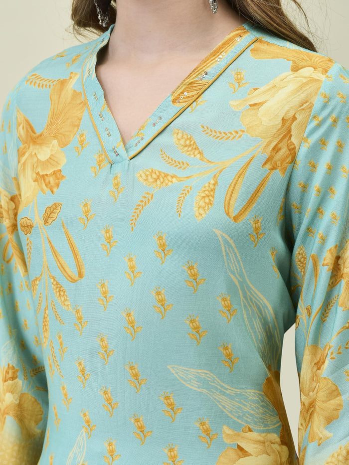 Women Muslin Blue Floral Print Kurta Comfort Pant Dupatta.