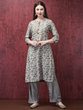 Women Muslin Blue Floral Print Kurta With Comfort Pant.