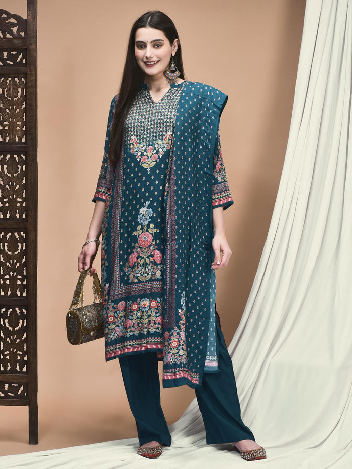 Women Muslin Blue Placement Print Kurta Comfort Pant Dupatta.