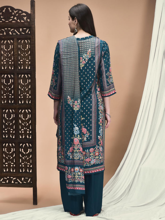 Women Muslin Blue Placement Print Kurta Comfort Pant Dupatta.