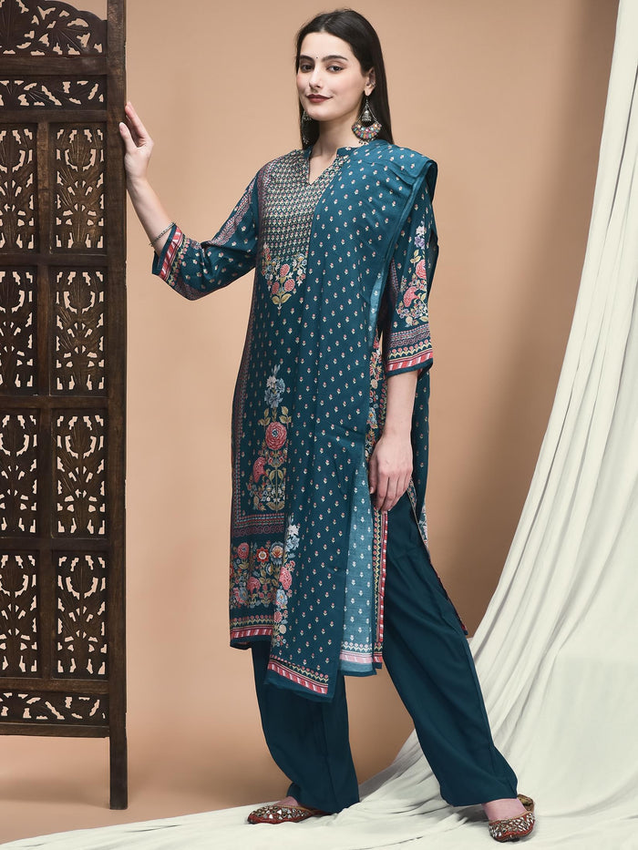Women Muslin Blue Placement Print Kurta Comfort Pant Dupatta.