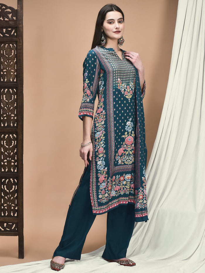 Women Muslin Blue Placement Print Kurta Comfort Pant Dupatta.