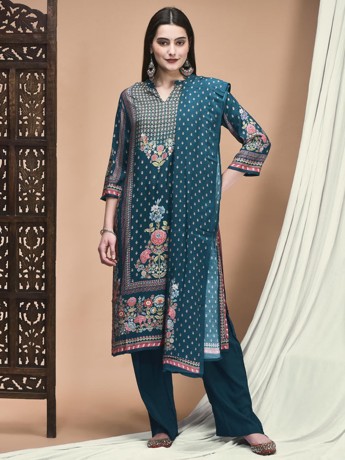 Women Muslin Blue Placement Print Kurta Comfort Pant Dupatta.
