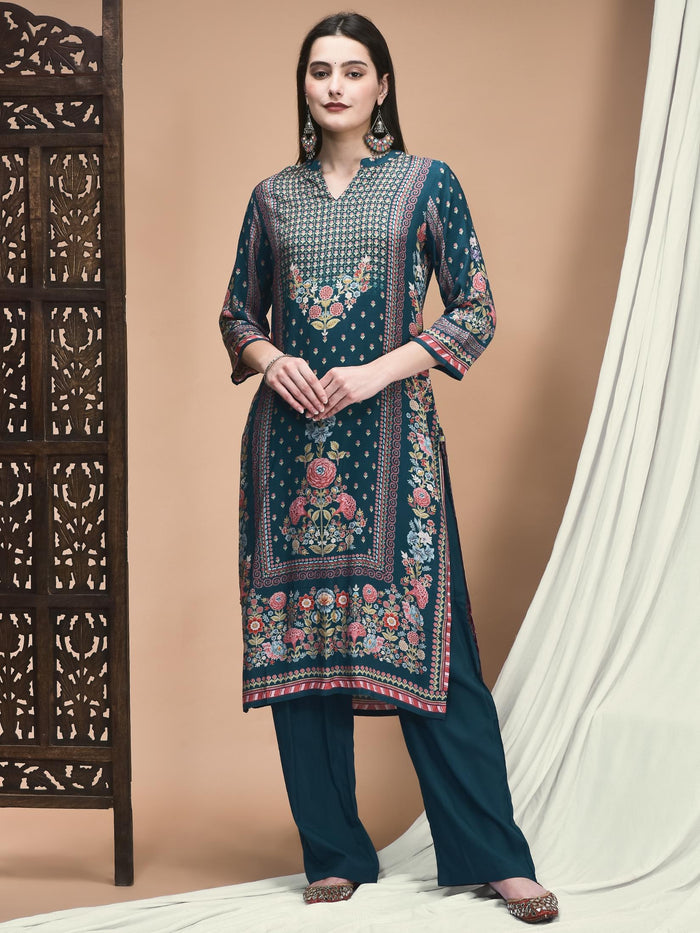 Women Muslin Blue Placement Print Kurta Comfort Pant Dupatta.