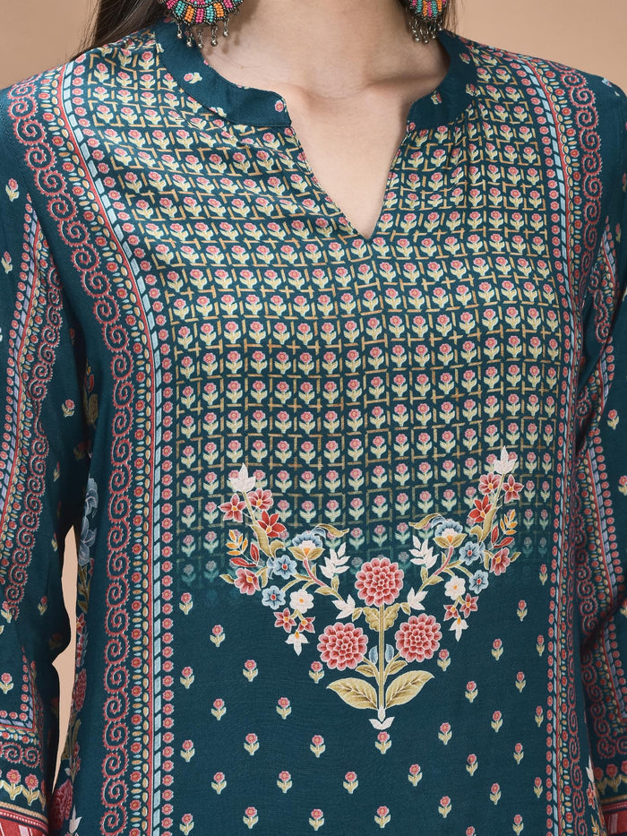 Women Muslin Blue Placement Print Kurta Comfort Pant Dupatta.