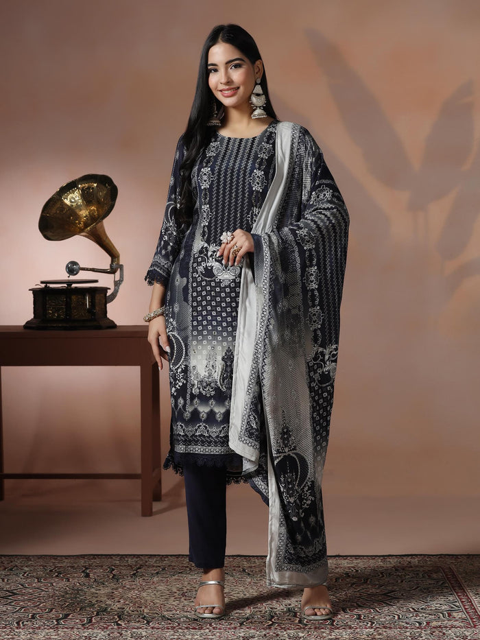 Women Muslin Blue Printed Kurta Comfort Pant Dupatta.