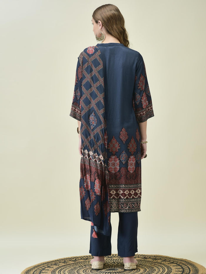 Women Muslin Blue Printed Kurta Comfort Pant Dupatta.