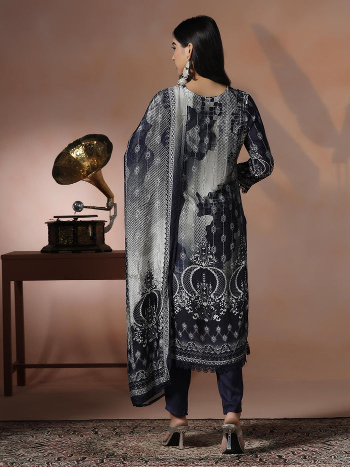 Women Muslin Blue Printed Kurta Comfort Pant Dupatta.