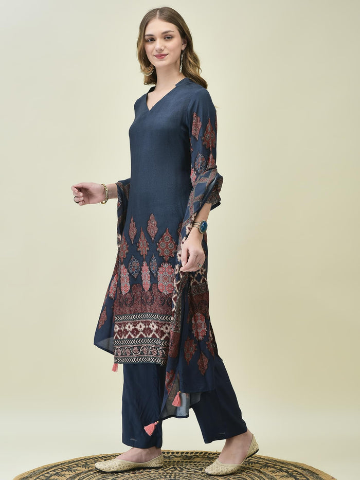 Women Muslin Blue Printed Kurta Comfort Pant Dupatta.