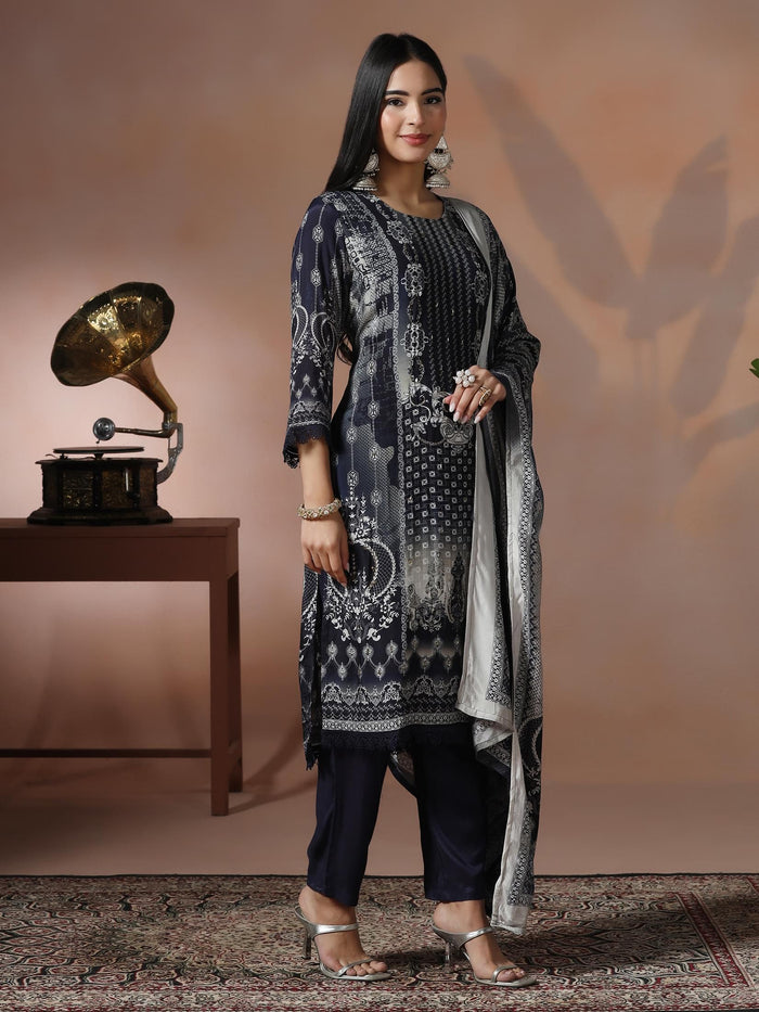 Women Muslin Blue Printed Kurta Comfort Pant Dupatta.