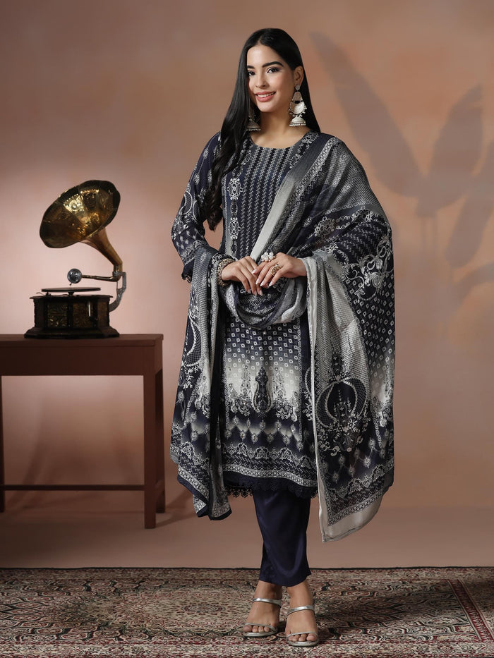 Women Muslin Blue Printed Kurta Comfort Pant Dupatta.