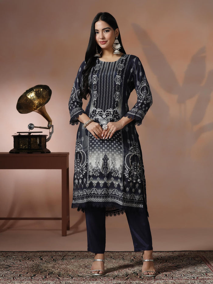 Women Muslin Blue Printed Kurta Comfort Pant Dupatta.