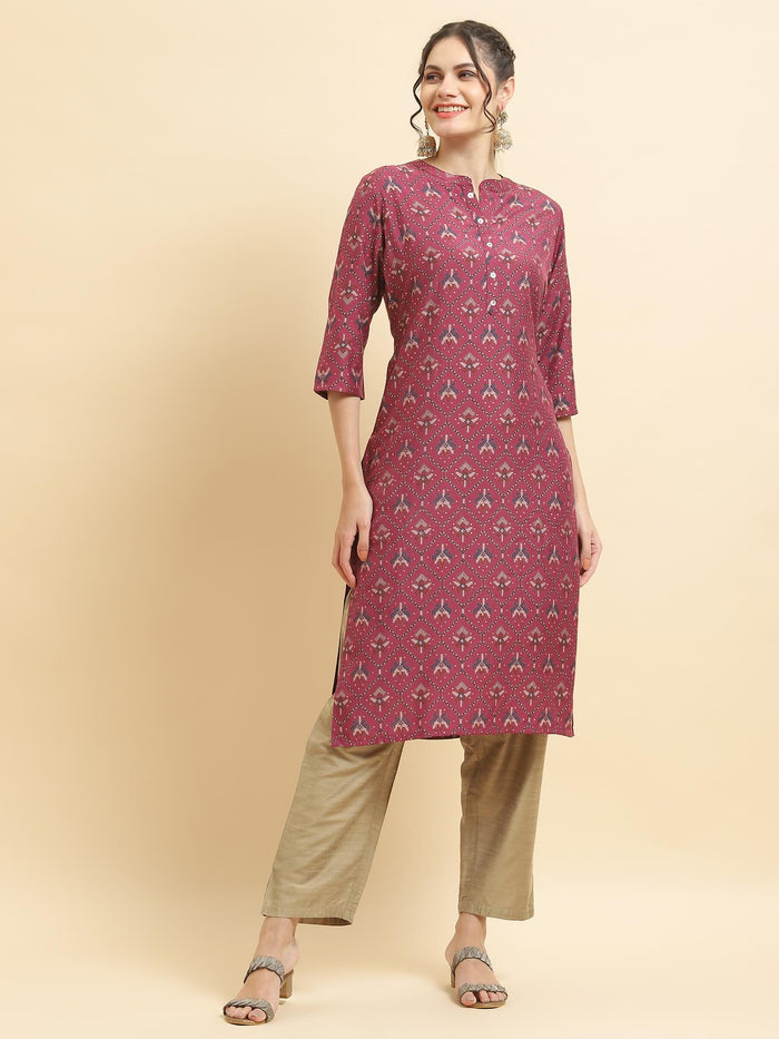 Women Muslin Burgundy Aztec Print Kurta.