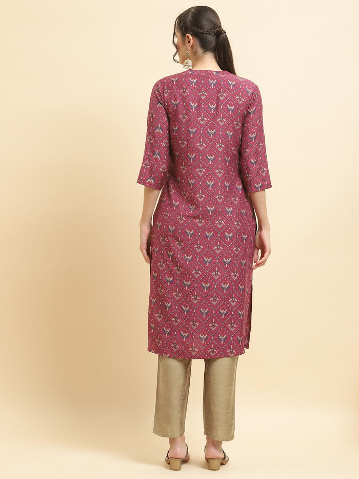 Women Muslin Burgundy Aztec Print Kurta.