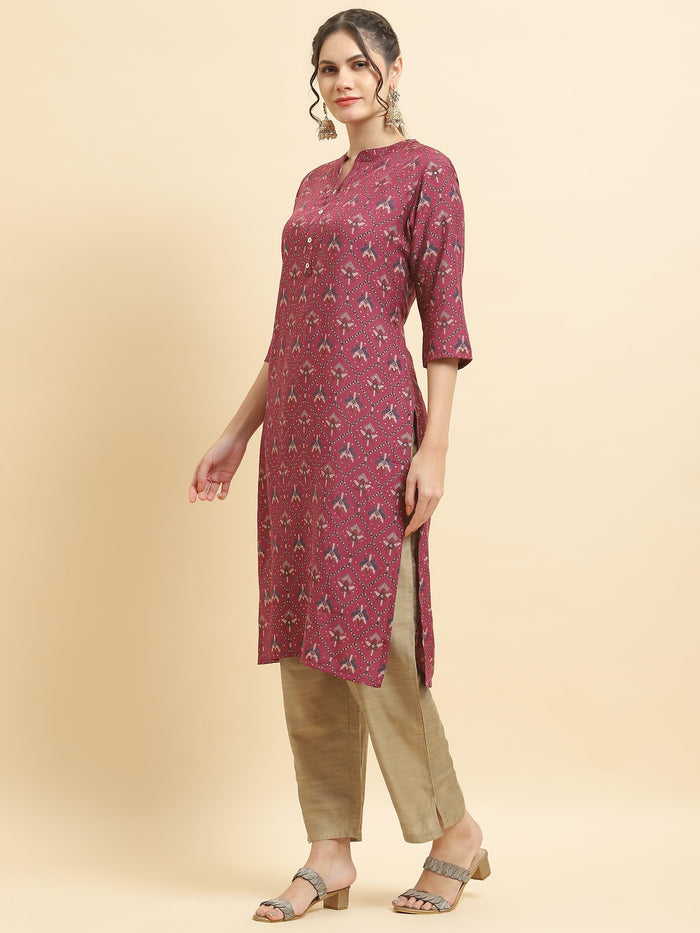 Women Muslin Burgundy Aztec Print Kurta.