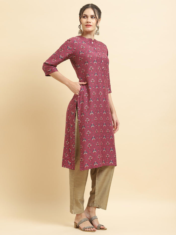 Women Muslin Burgundy Aztec Print Kurta.