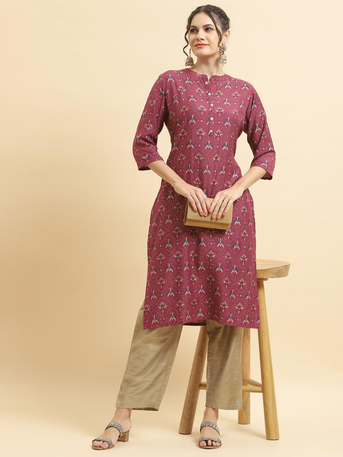 Women Muslin Burgundy Aztec Print Kurta.