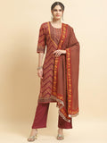 Women Muslin Burgundy Ornamental Print Kurta Comfort Pant Dupatta.