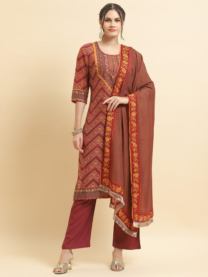 Women Muslin Burgundy Ornamental Print Kurta Comfort Pant Dupatta.