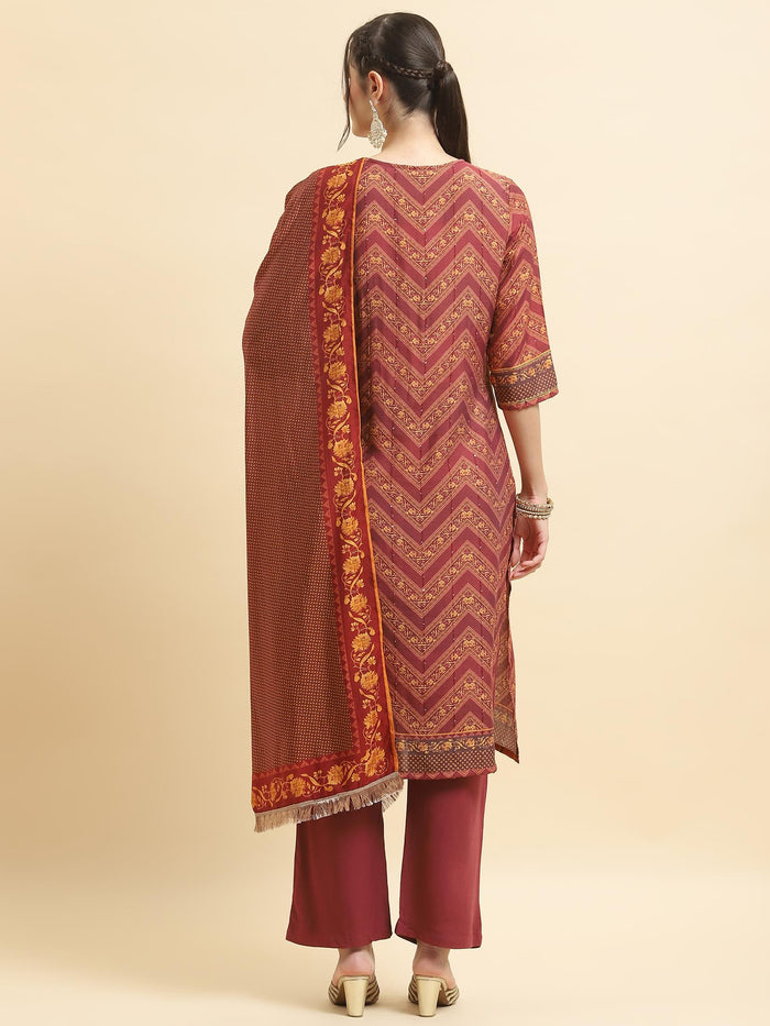 Women Muslin Burgundy Ornamental Print Kurta Comfort Pant Dupatta.