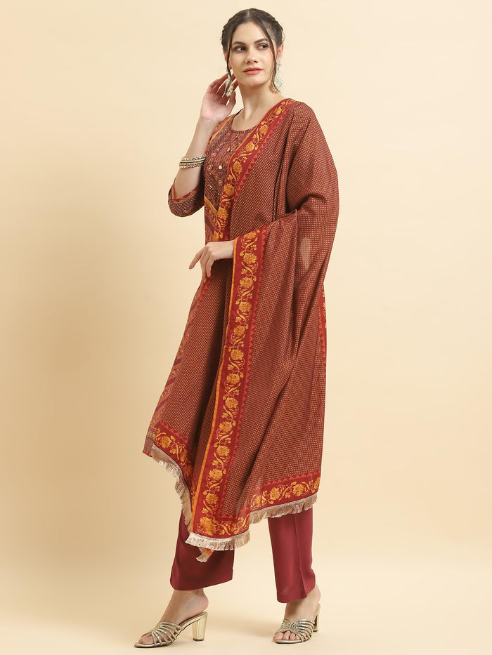 Women Muslin Burgundy Ornamental Print Kurta Comfort Pant Dupatta.