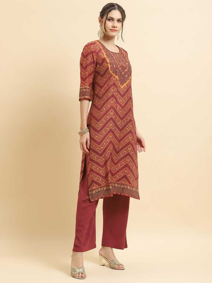 Women Muslin Burgundy Ornamental Print Kurta Comfort Pant Dupatta.