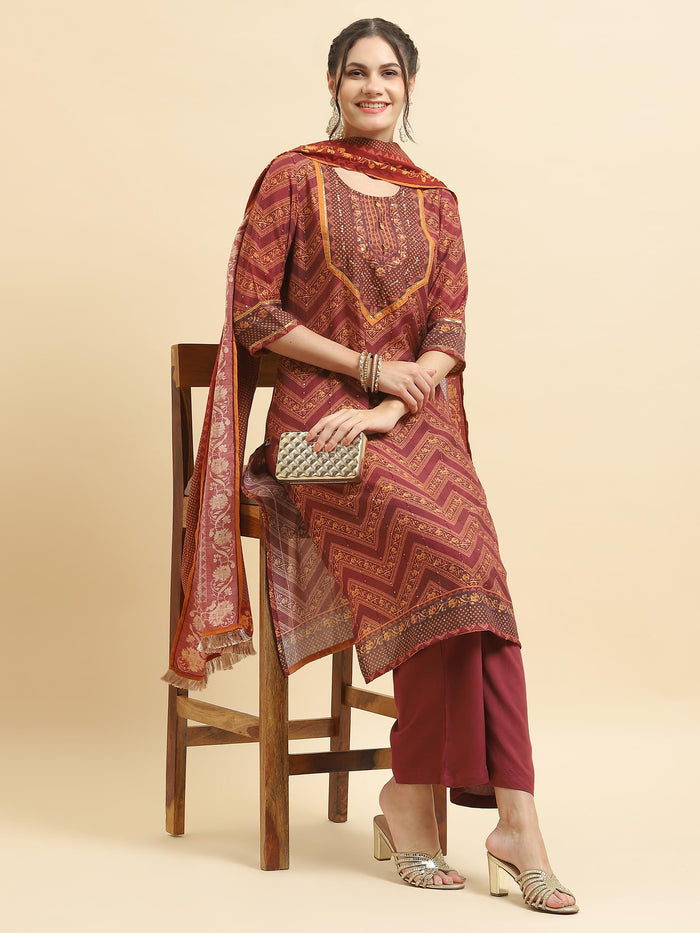 Women Muslin Burgundy Ornamental Print Kurta Comfort Pant Dupatta.