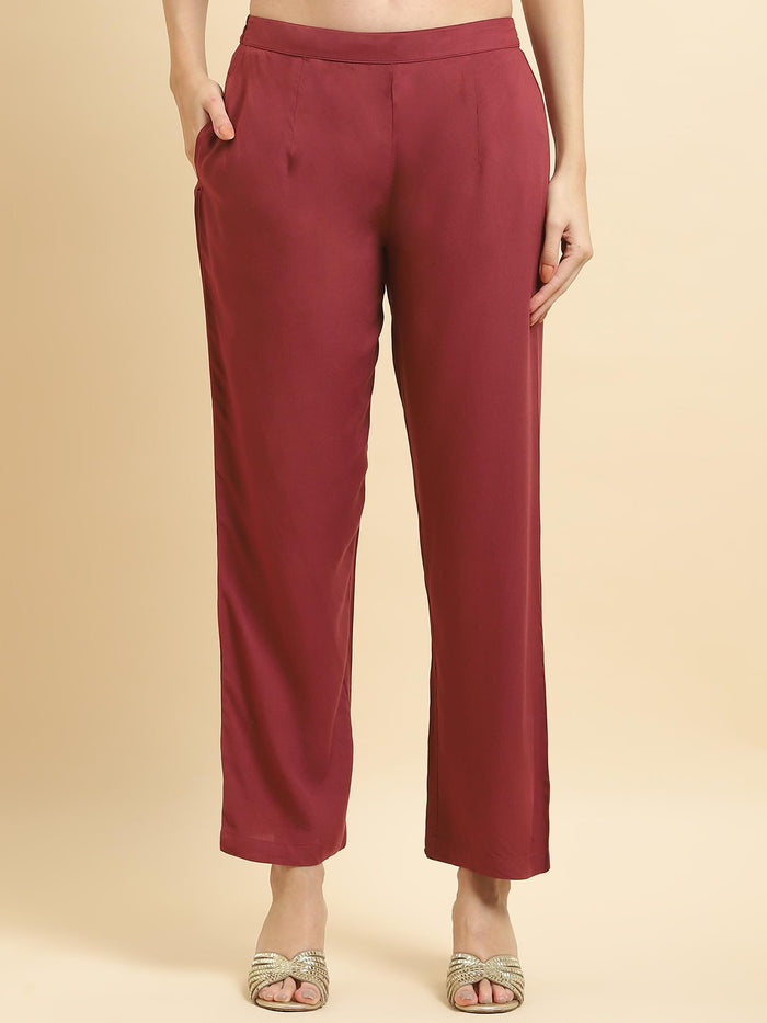 Women Muslin Burgundy Ornamental Print Kurta Comfort Pant Dupatta.