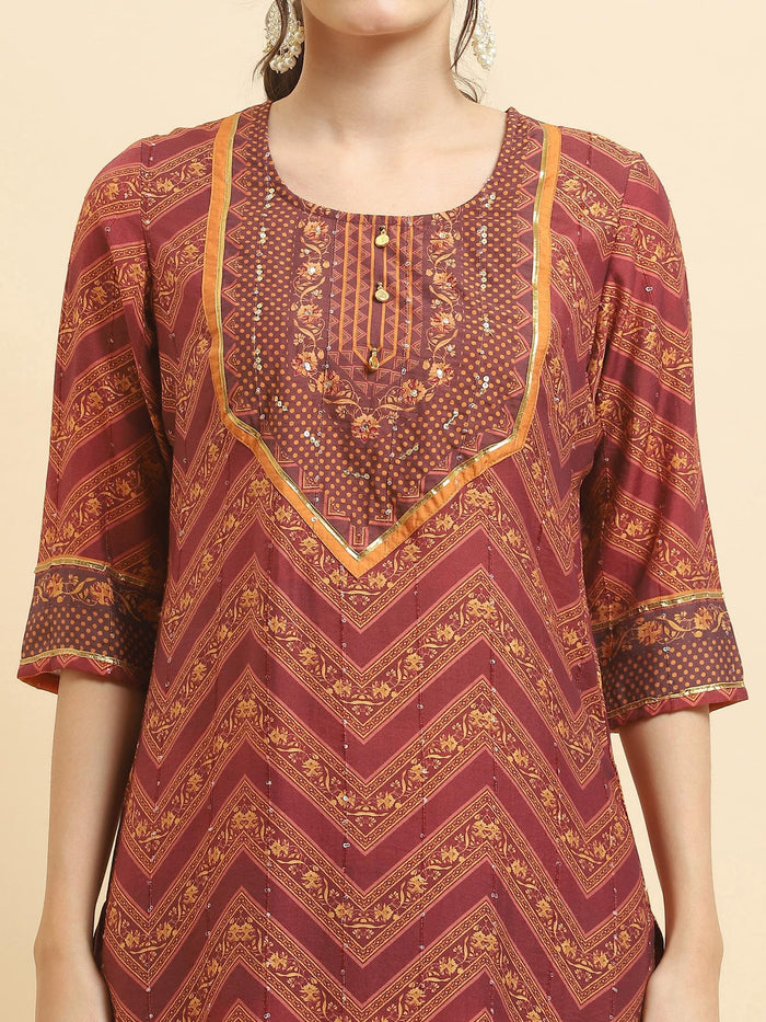 Women Muslin Burgundy Ornamental Print Kurta Comfort Pant Dupatta.
